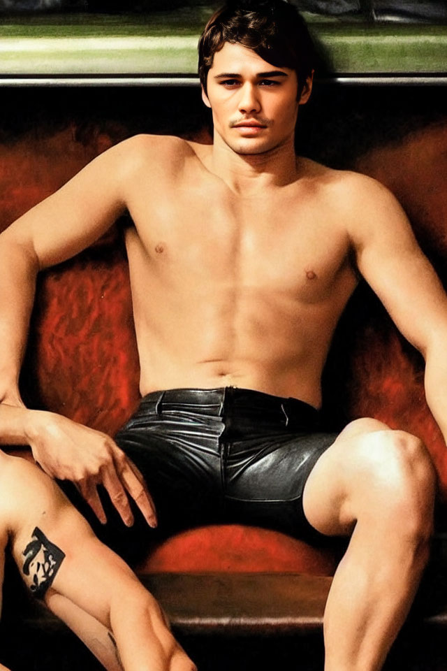 Muscular shirtless man with thigh tattoo in black leather pants on red background