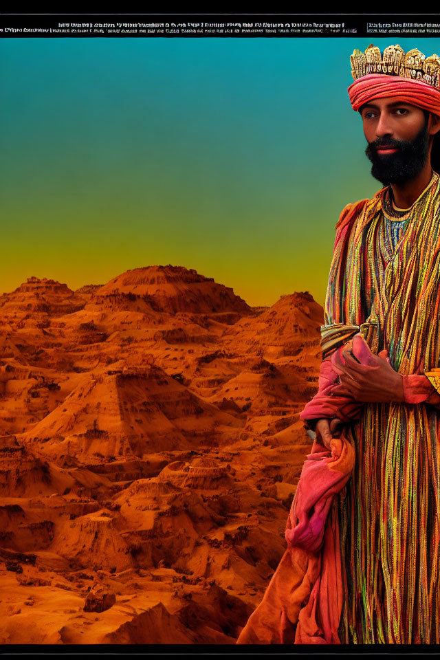 Bearded man in traditional robes against desert sunset.