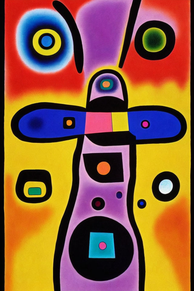 Colorful Abstract Painting with Geometric Totemic Figure and Eyes