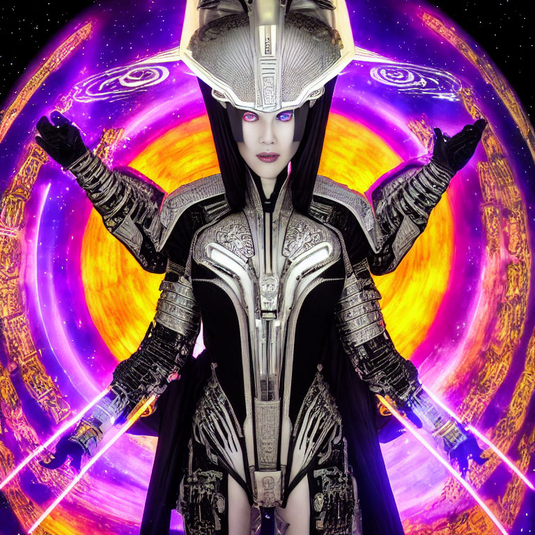 Futuristic female character in black armor against cosmic backdrop