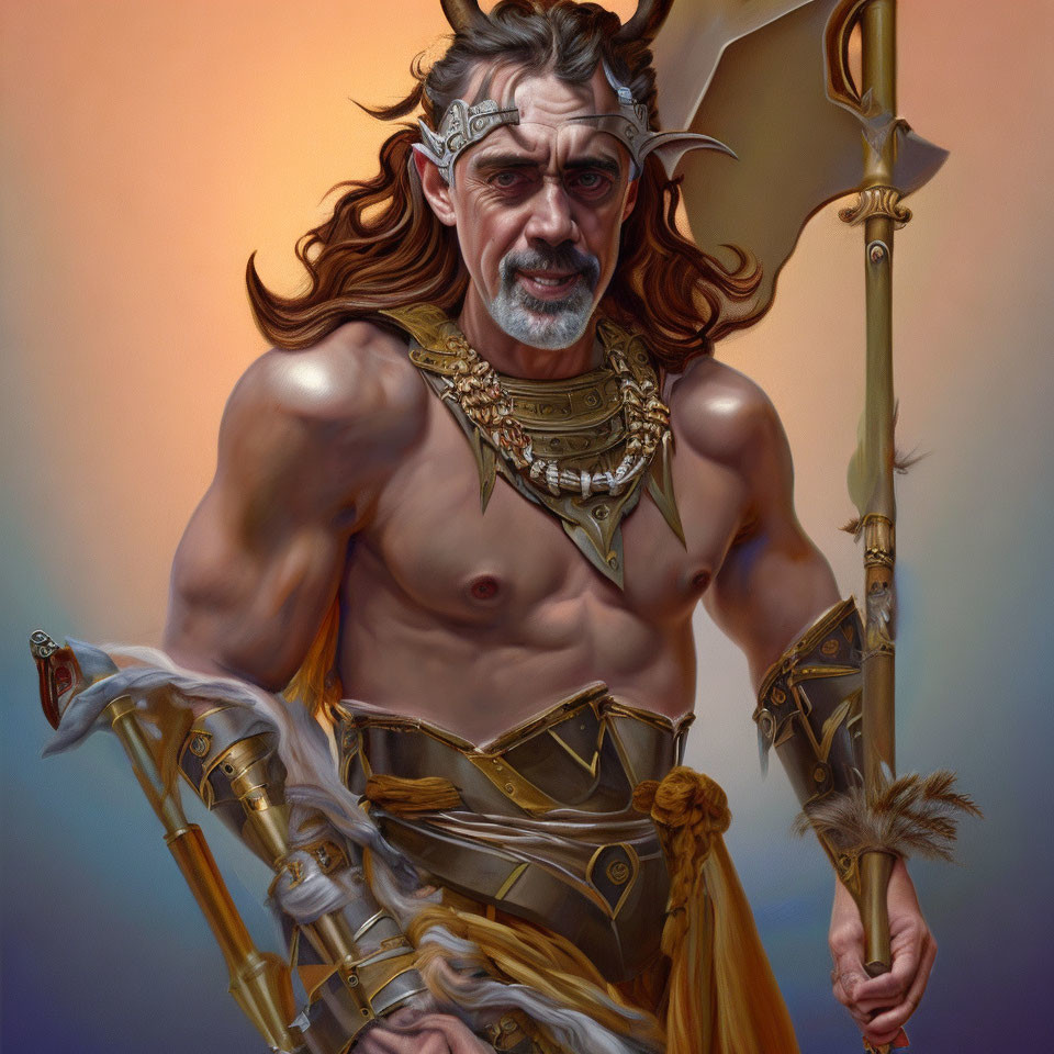 Muscular fantasy warrior with gray hair and decorated axe