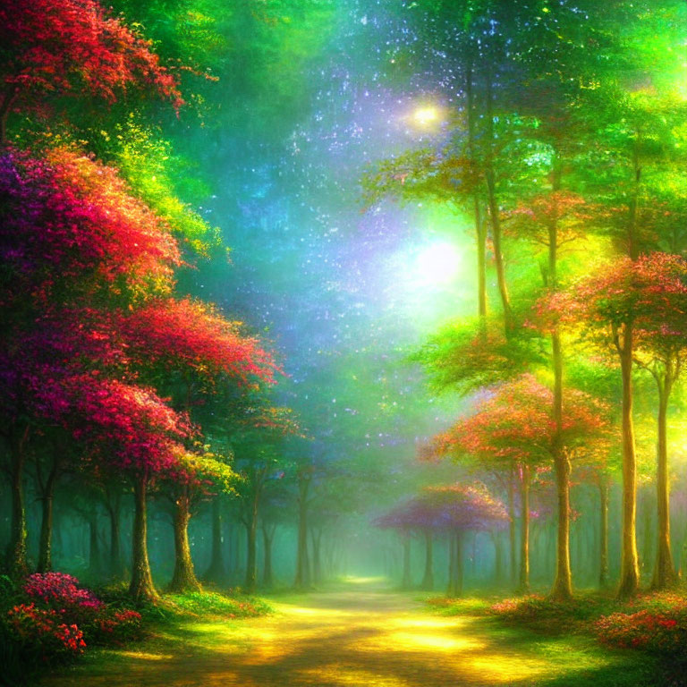 Colorful Fantasy Forest with Glowing Pathway & Starry Sky