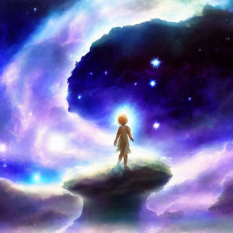 Silhouetted Figure on Floating Rock in Cosmic Backdrop