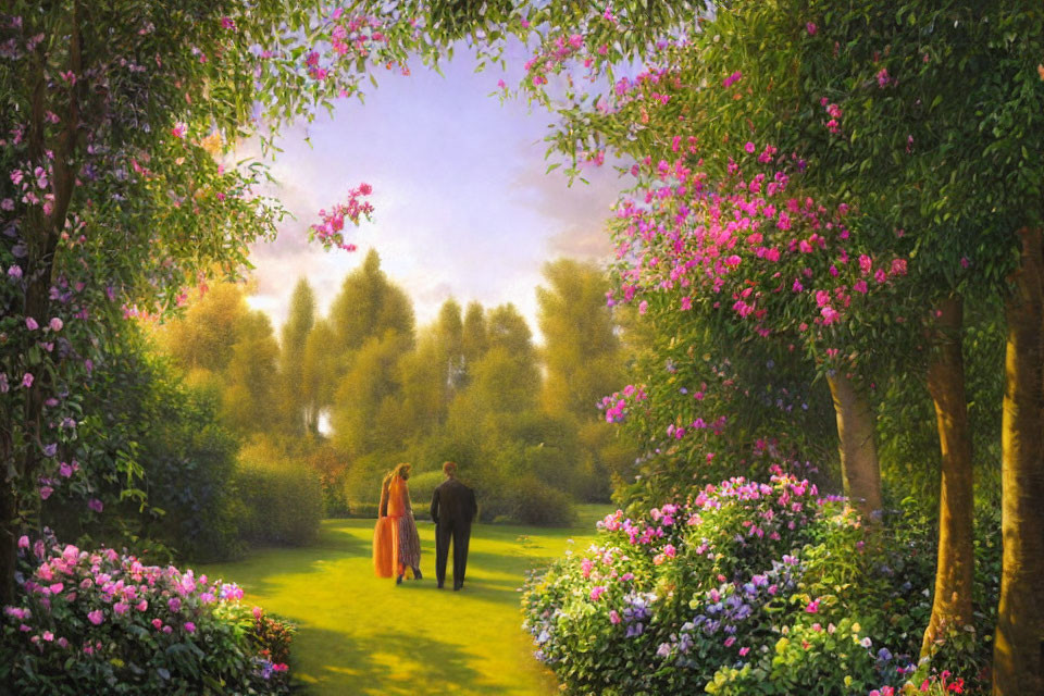 Couple walking in blooming garden under golden sunlight