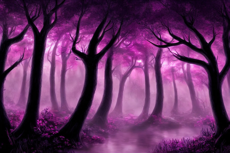 Mystical Purple Forest with Mist and Slender Trees