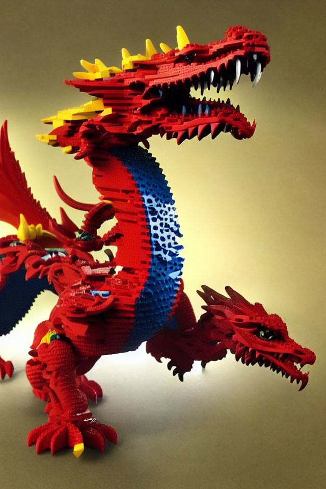 Colorful Lego Two-Headed Dragon Sculpture on Beige Background