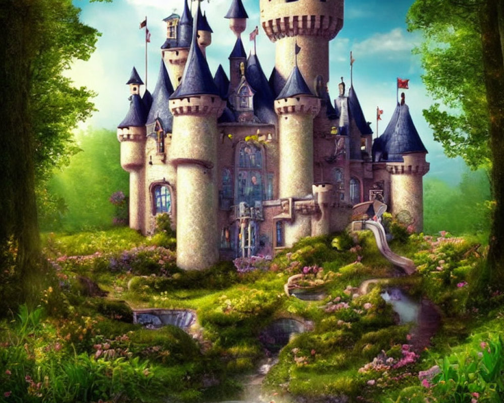 Fairytale castle in lush greenery with vibrant flowers and a tranquil stream