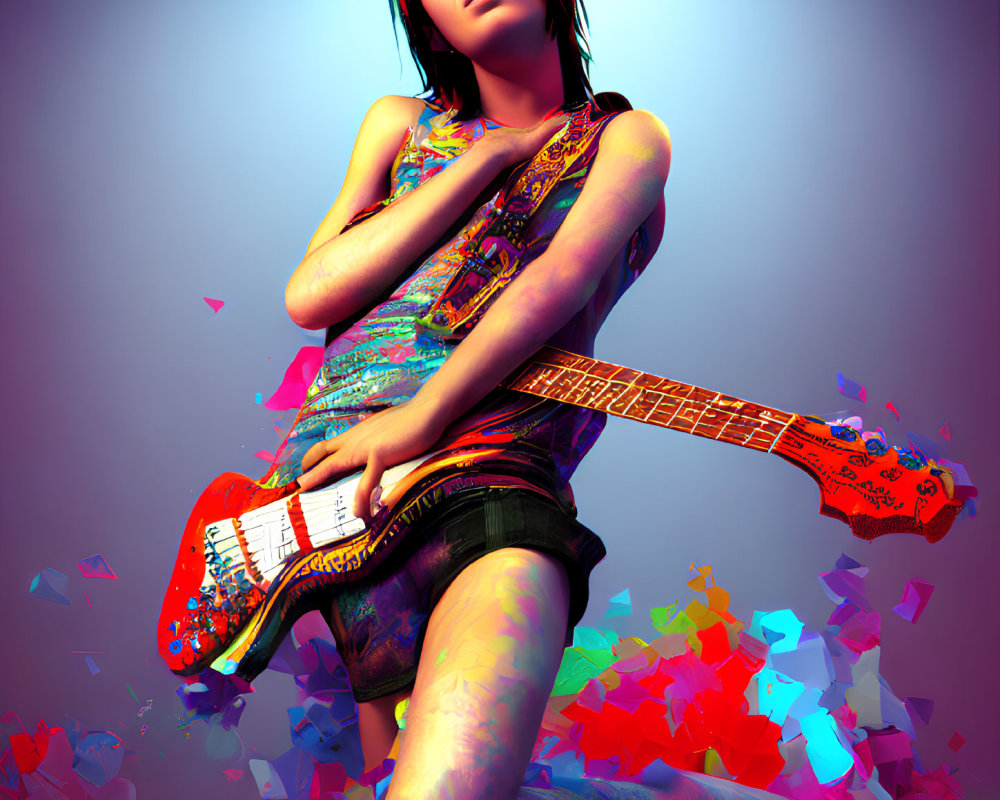 Colorful electric guitar with shattered geometric shapes on purple gradient background