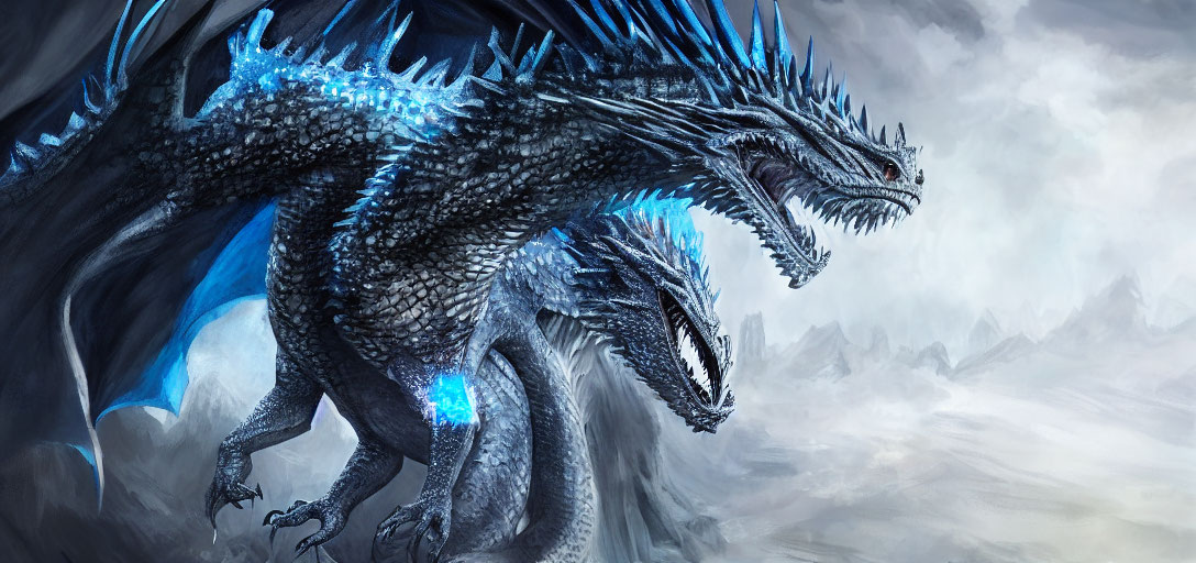 Blue Dragon with Glowing Spikes and Wings in Mountain Landscape