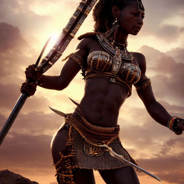 Warrior woman in tribal armor with spear against dramatic sunset sky