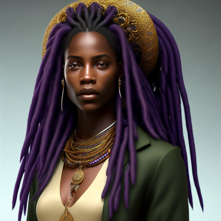 Regal woman with purple dreadlocks and golden headdress in 3D illustration