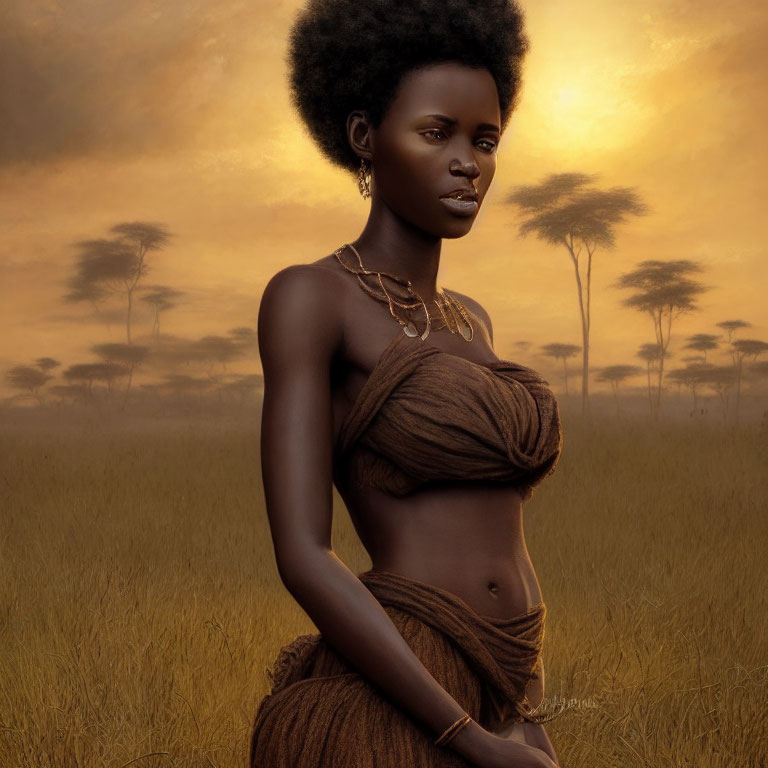 Confident person in savanna at sunset with gold jewelry and earth-toned fabrics