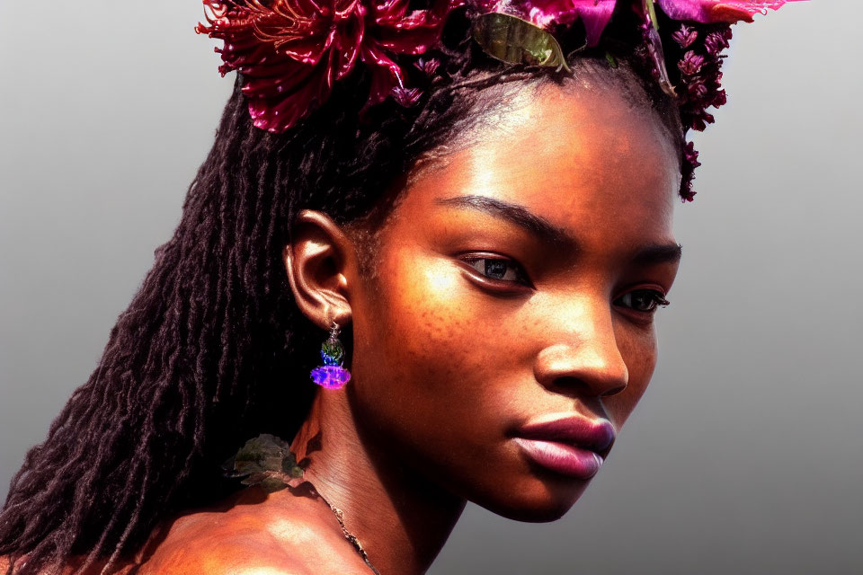 Portrait of woman with braided hair and purple flower adornment.