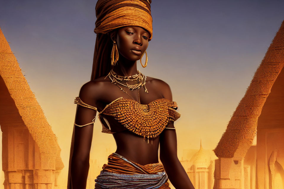 Traditional African Attire Woman by Pyramids at Sunset