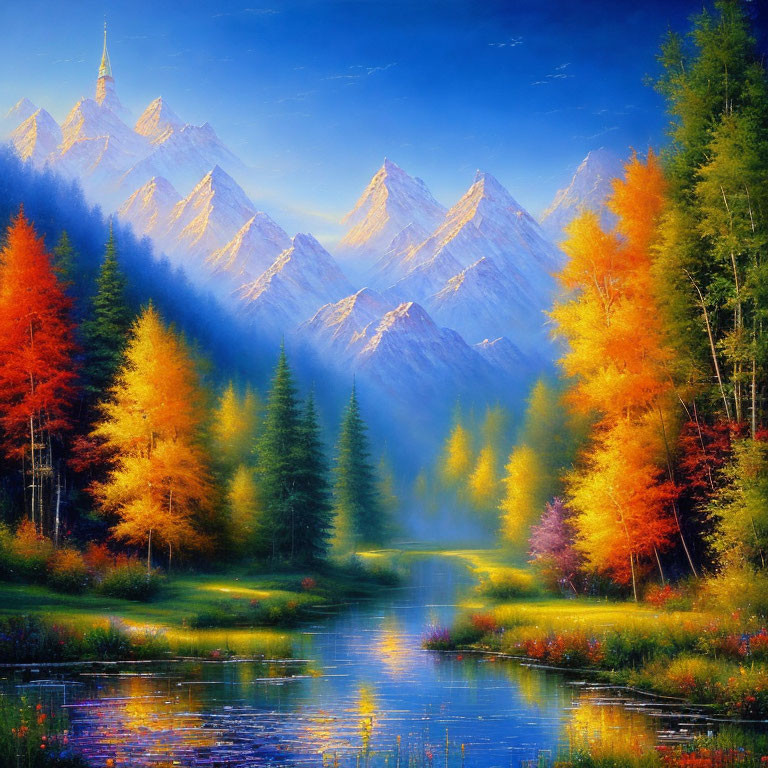 Serene river in autumn forest with mountains and illuminated sky