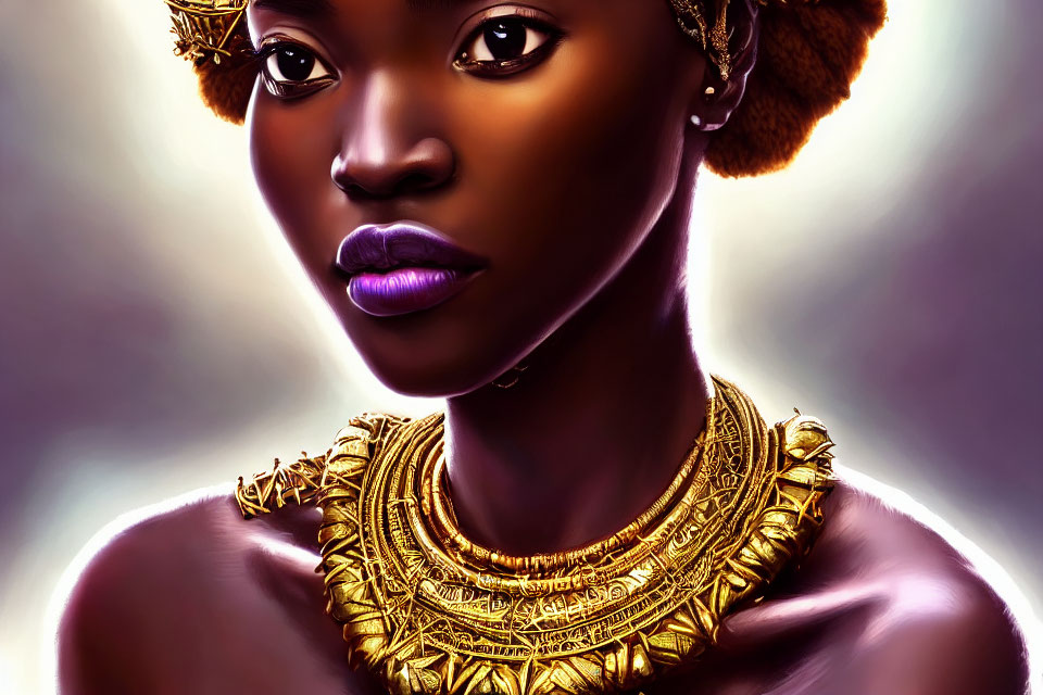 Digital portrait of woman with purple lips, golden jewelry, and traditional hairstyle