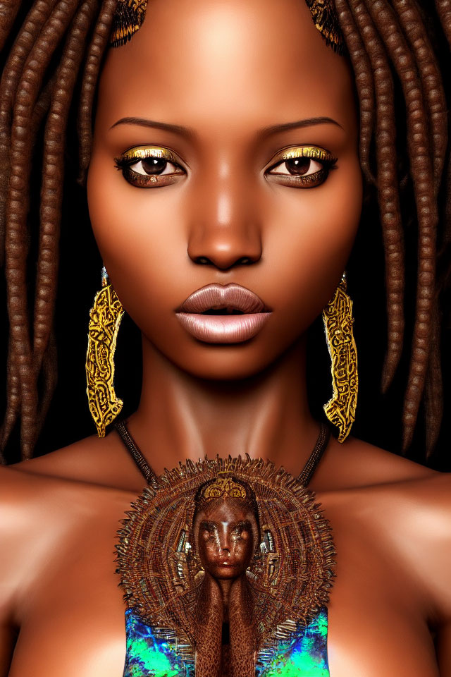 Detailed digital portrait of woman with braided hair and intricate accessories.