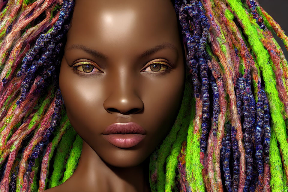 Close-up portrait of woman with golden eyes and colorful dreadlocks in green, blue, and red hues