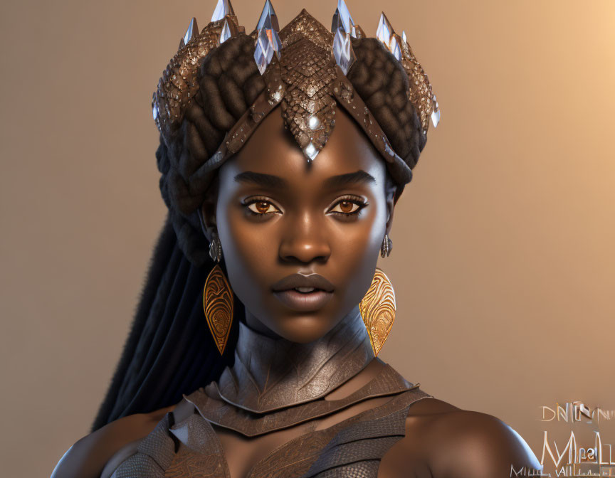 Digital artwork: Woman with braided hair, jeweled crown, earrings, and shoulder armor