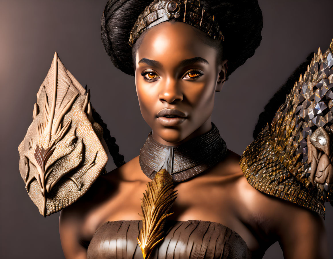 Elaborate Metallic and Feathered Shoulder Pieces on Dramatic Makeup