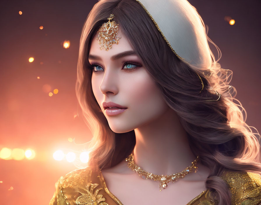 Woman portrait with blue eyes and golden tiara against warm bokeh background