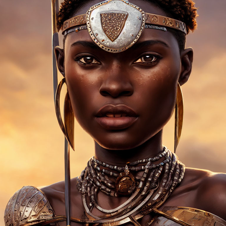 Portrait of woman in tribal attire with headpiece and spear against dusky sky