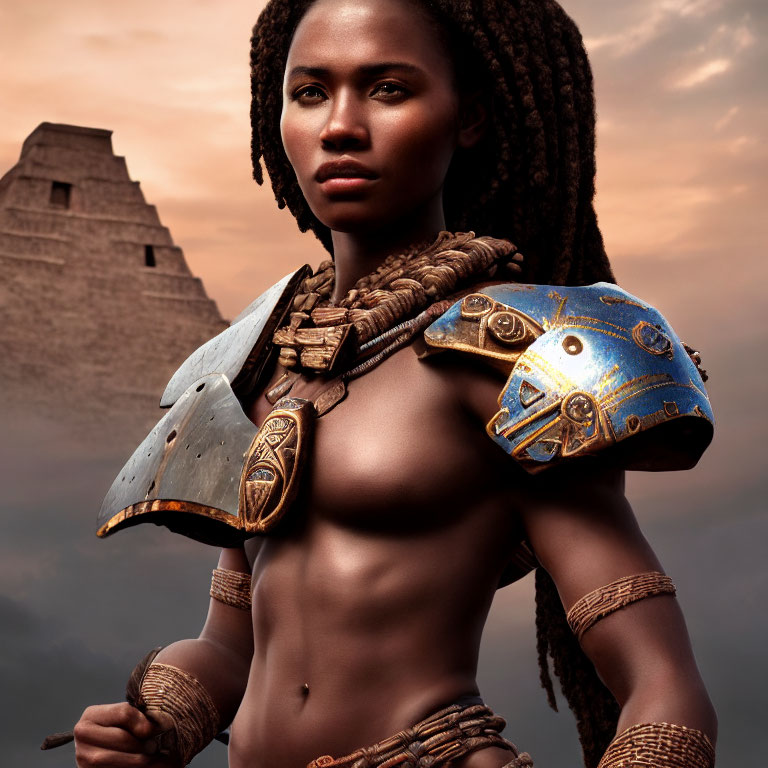 Warrior woman in tribal armor with golden patterns and pyramid backdrop