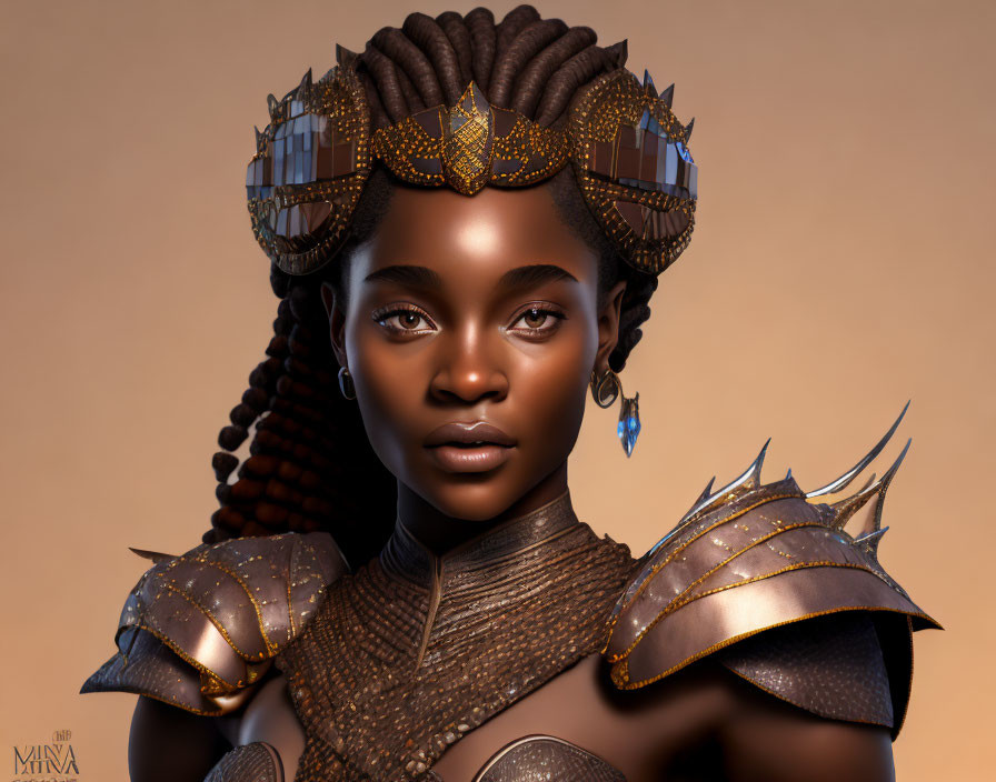 Digital artwork featuring woman with golden headdress, braided hair, and regal demeanor