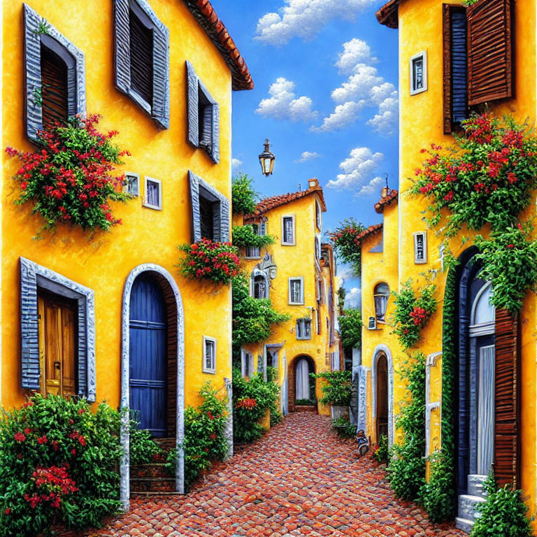 Colorful cobblestone alley with yellow buildings, green shutters, red flowers, blue sky.