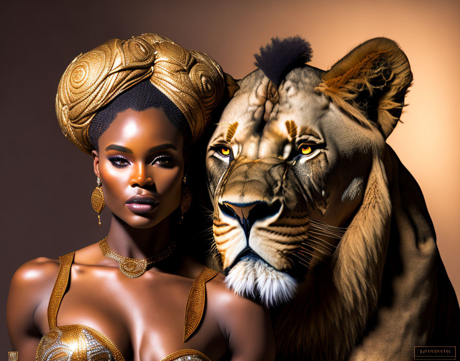 Woman and lion exude strength and regality in frame with ornate head wrap and majestic mane.