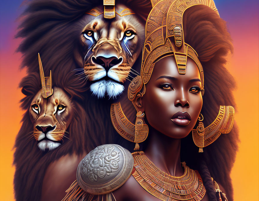 Digital artwork featuring woman with African-inspired adornments and majestic lions.