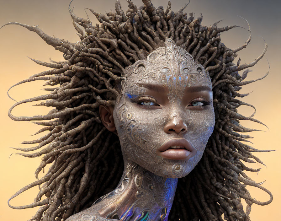 Digital artwork: Female figure with metallic facial tattoos, dreadlocks, and futuristic iridescent neck design