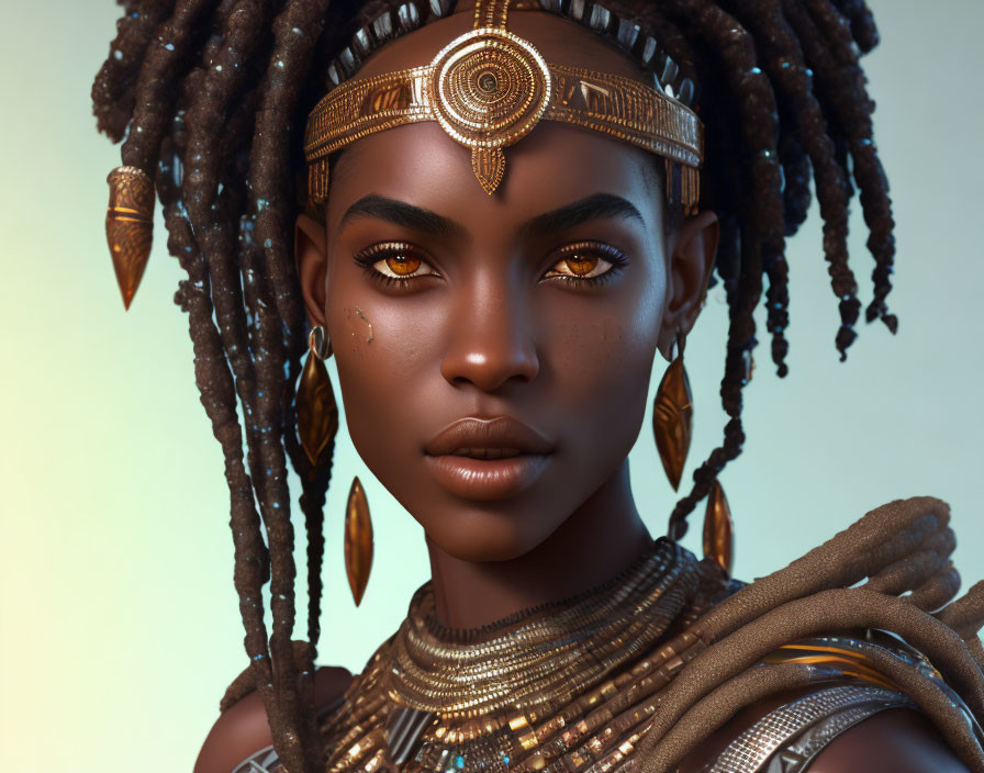 Digital portrait of woman with golden tribal jewelry, headdress, and braided hair on light background