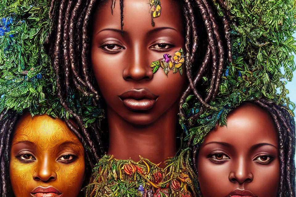 Vibrant portrait of three women with nature-inspired hair and golden skin