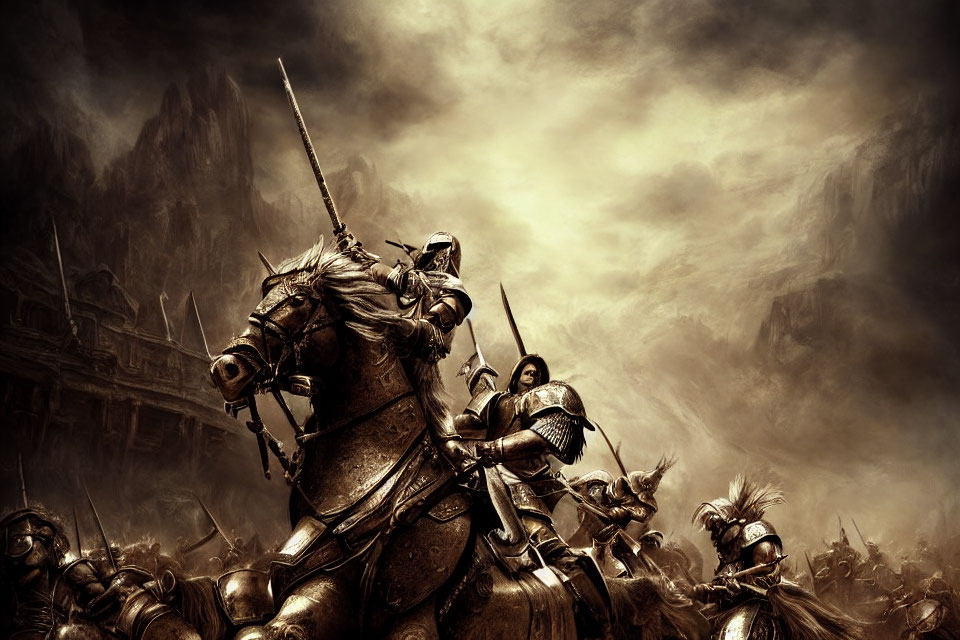 Monochromatic medieval knights on horseback in battle scene