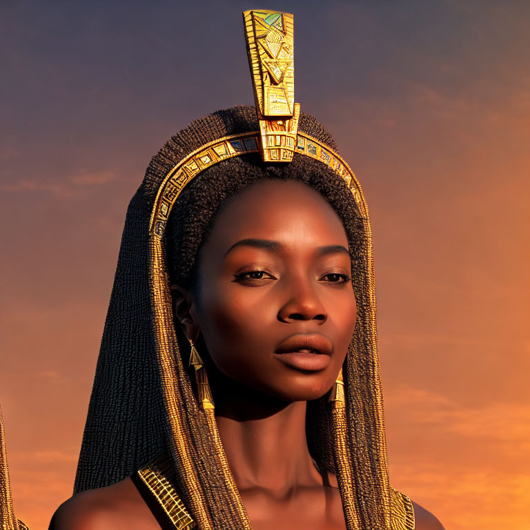 African woman in regal headgear with golden accents under warm sunset sky