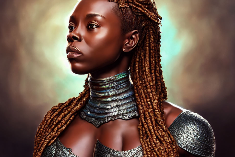 African-inspired digital artwork of a woman with braided hair and metallic jewelry