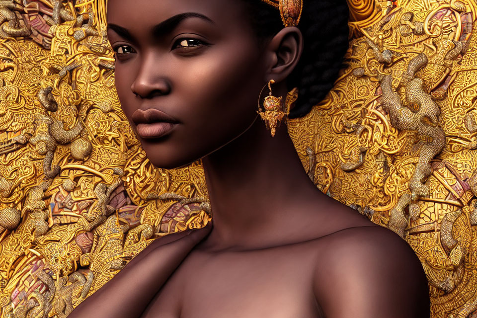 Portrait of Woman with Gold Earring on Ornate Golden Backdrop