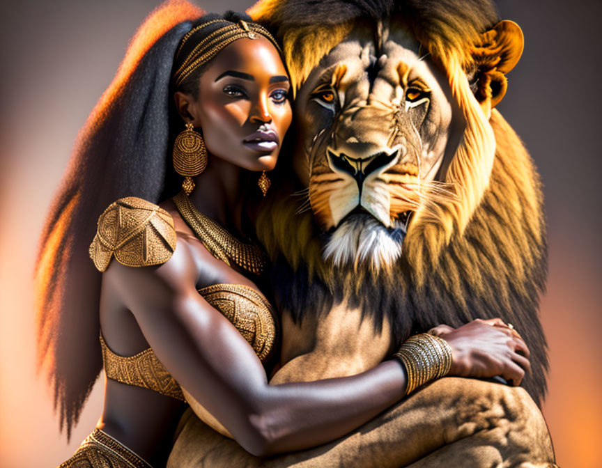 Woman in golden tribal attire with majestic lion on warm-toned backdrop