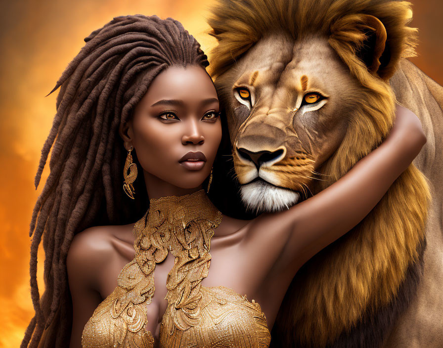 Woman with Braided Hair in Golden Outfit Beside Lion on Orange Background