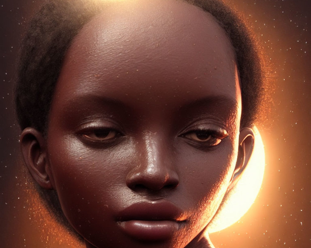 Detailed Digital Portrait of Woman with Dark Skin and Glowing Backlight