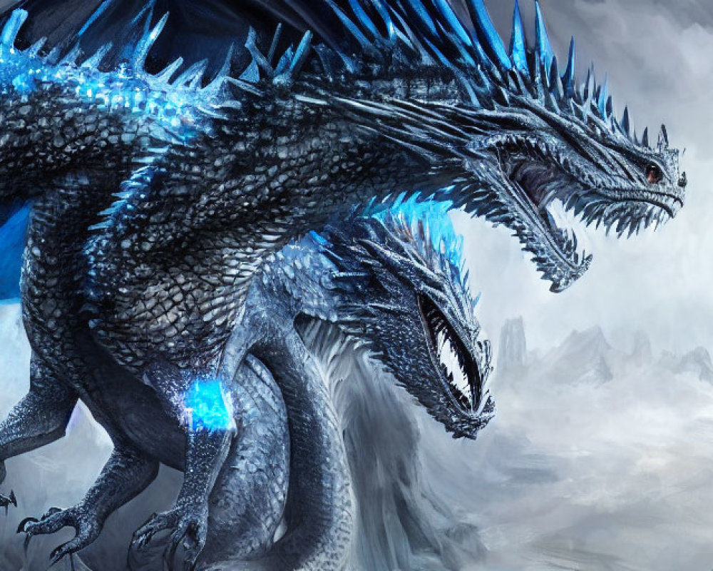 Blue Dragon with Glowing Spikes and Wings in Mountain Landscape