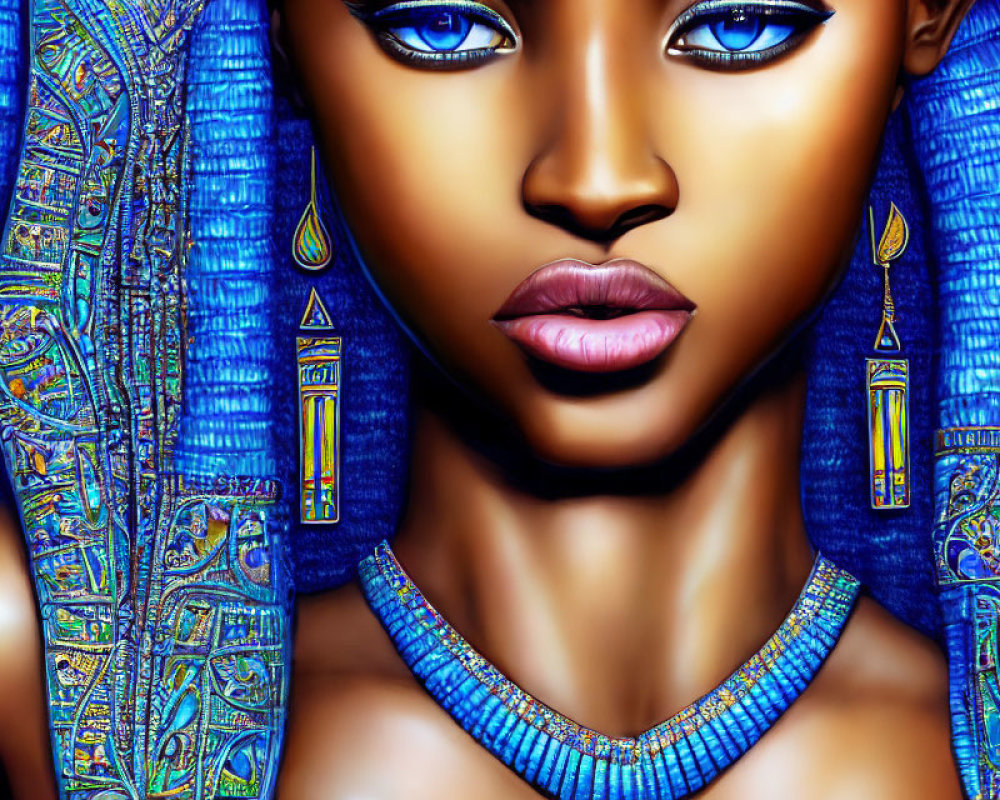 Digital artwork: Woman with blue eyes in Egyptian-style jewelry & headdress.