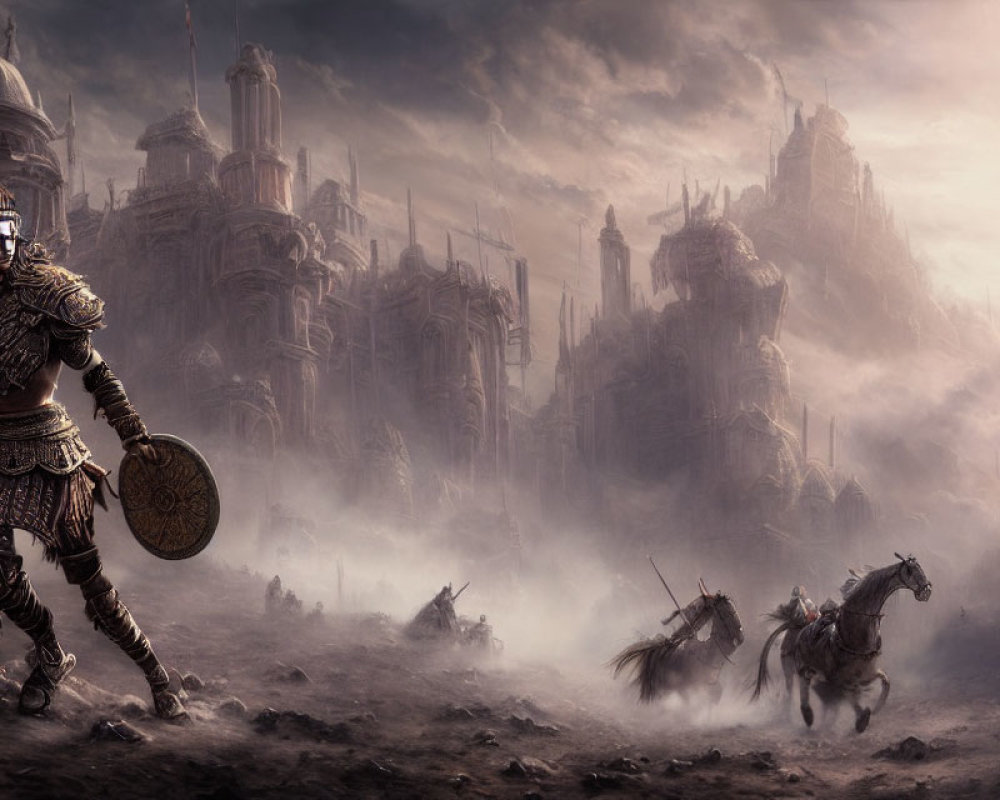 Armored warrior on desolate battlefield with charging horses and misty fortress city