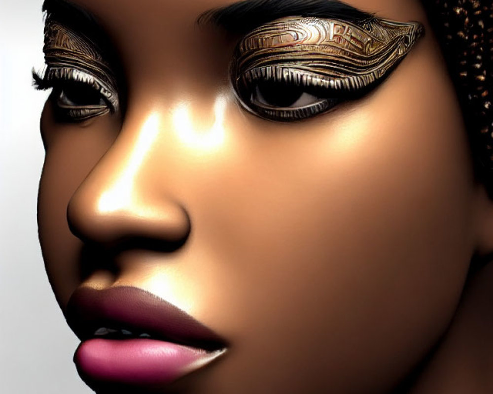 Vibrant 3D Woman's Face with Golden Eye Makeup