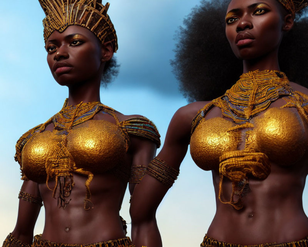 Two Women in Ornate Golden Attire and Headdresses Against Sky Background