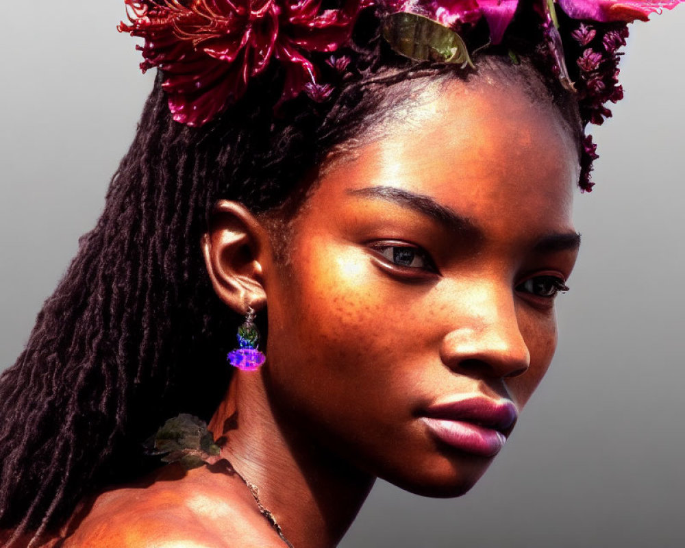 Portrait of woman with braided hair and purple flower adornment.