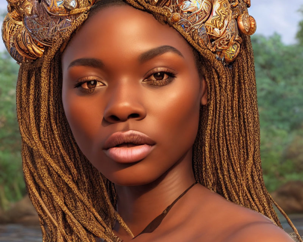 Intricately braided hair woman with gold headpiece in nature portrait