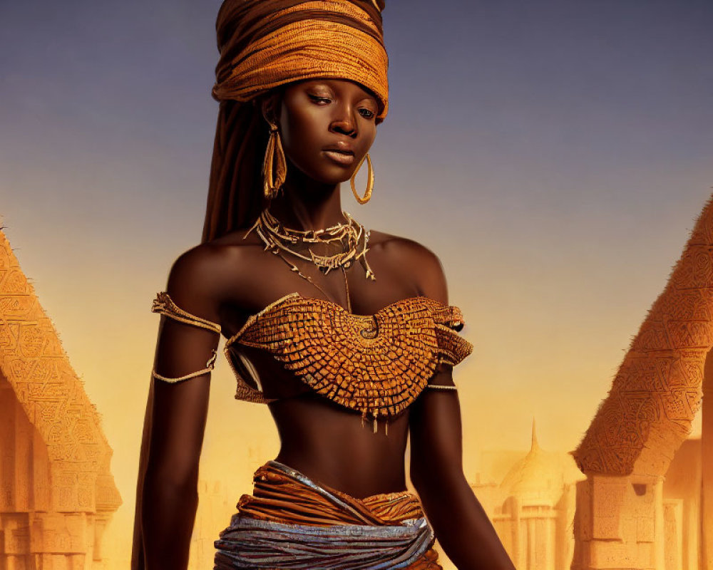 Traditional African Attire Woman by Pyramids at Sunset