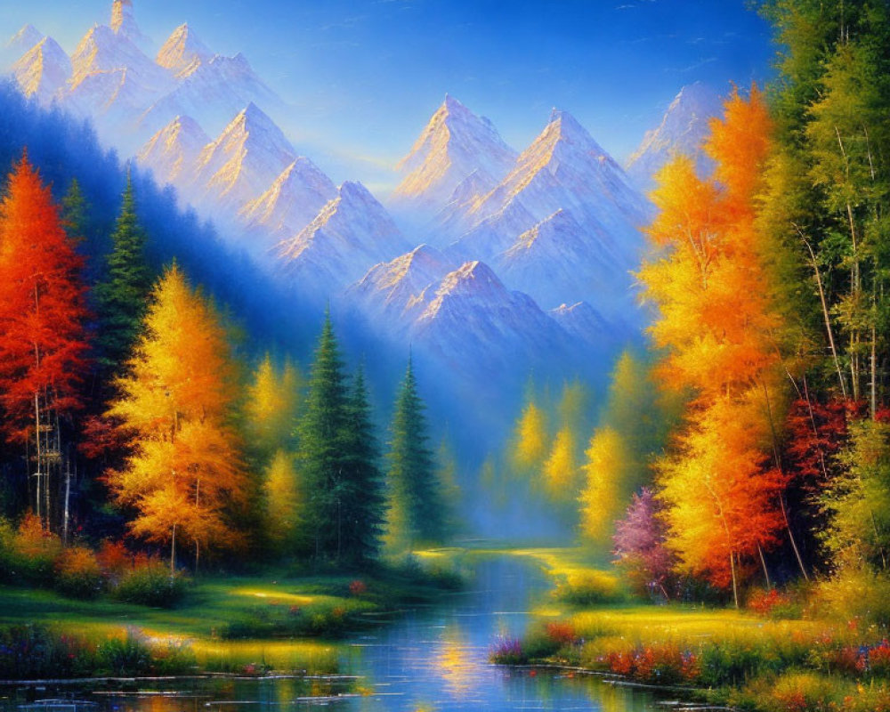 Serene river in autumn forest with mountains and illuminated sky